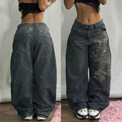2000s Street Fashion Pants New Oversized Letter Embroidered Loose Jeans Men Harajuku Retro Goth High Waist Casual Wide Leg Pants