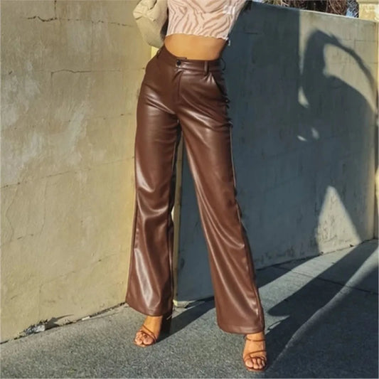 Pantalon en cuir PU taille haute, élégant et uni, style urbain
