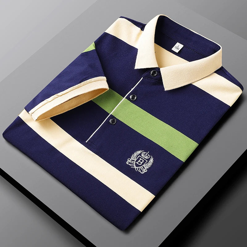 Polo d'été classique à rayures pour homme, en coton, à manches courtes, brodé, décontracté