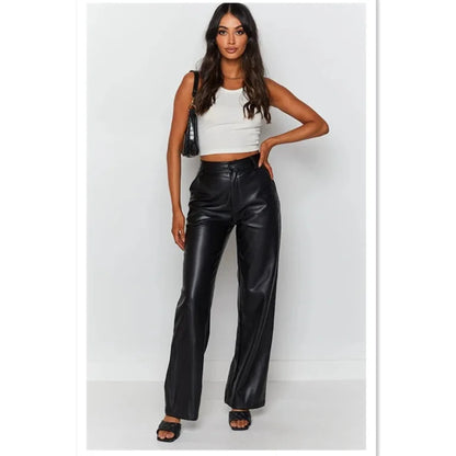 Pantalon en cuir PU taille haute, élégant et uni, style urbain