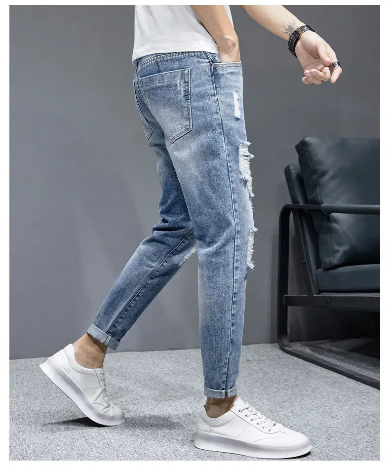 TFETTERS 2025 Spring Summer Men Ripped Jeans Cropped Mid Rise Stretch Hip Hop Punk Pencil Pants Streetwear Party Men Clothing