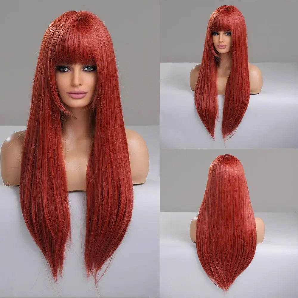 Perruques synthétiques longues et lisses noires et violettes ombrées pour femmes