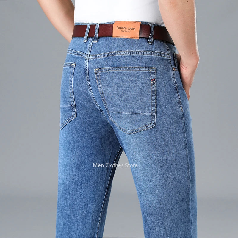 2024 Brand Thin or Thick Material Men's Elastic Cotton Jeans Fashion Gray Comfortable Denim Business Casual High Waist Pants