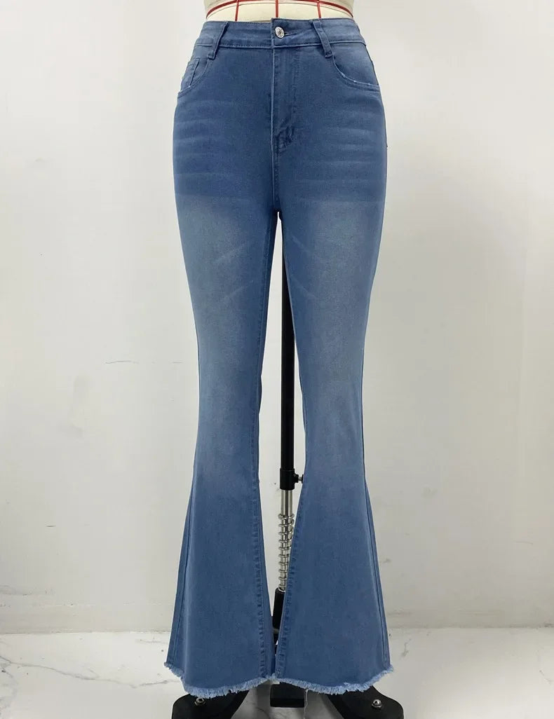 Women Flare Jeans Denim Pants Ankle Length Pockets Y2k Streetwear Mom Jeans High Waist Washed Bleached Vintage Streetwear Skinny