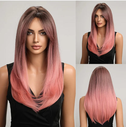 Perruques synthétiques longues et lisses noires et violettes ombrées pour femmes