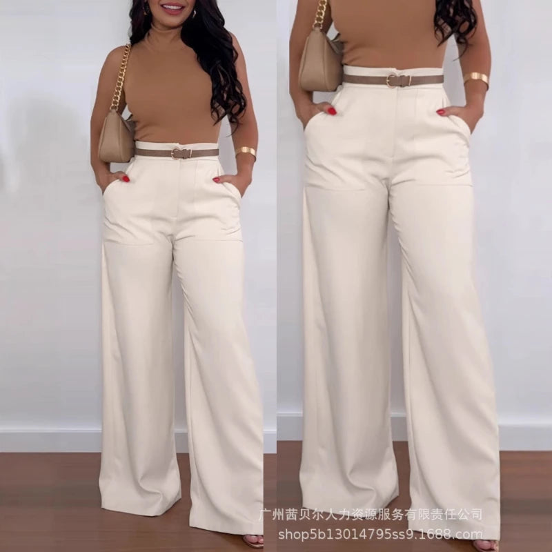 Pantalons longs pour femmes, larges, taille haute et  droit