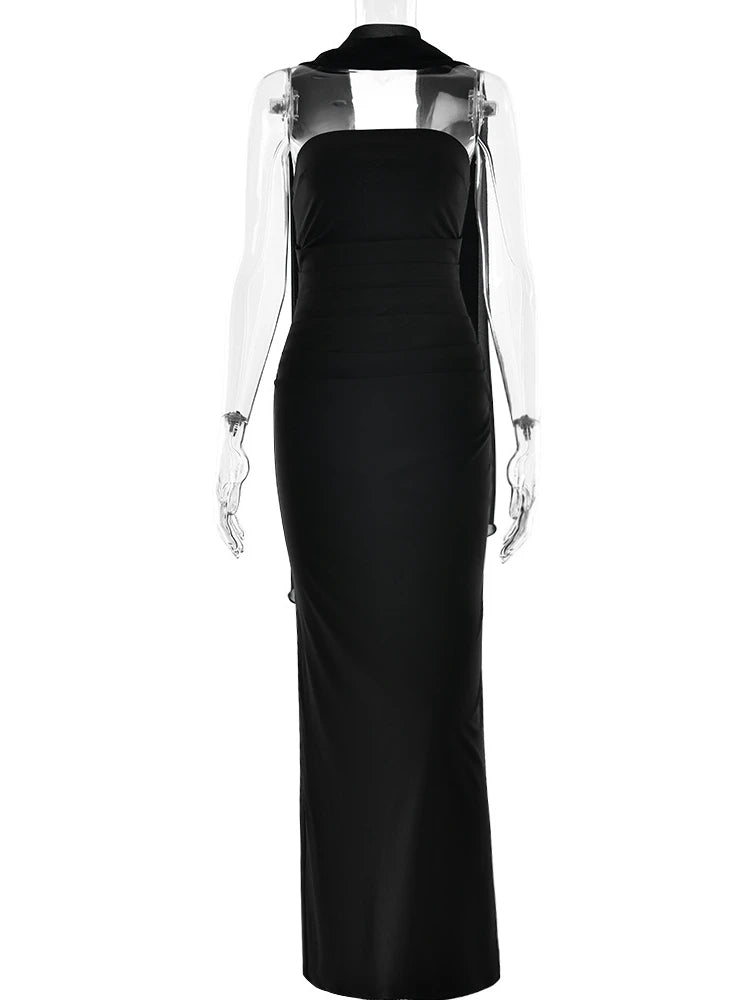XIAOTANG Robe longue sexy sans bretelles à col écharpe pour femme