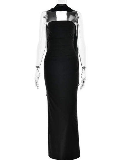 XIAOTANG Robe longue sexy sans bretelles à col écharpe pour femme