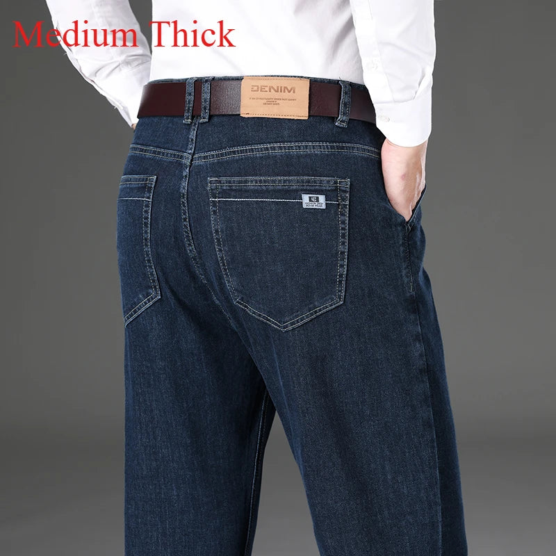 2024 Brand Thin or Thick Material Men's Elastic Cotton Jeans Fashion Gray Comfortable Denim Business Casual High Waist Pants