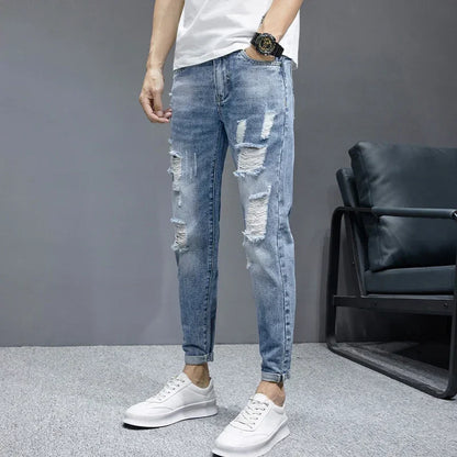TFETTERS 2025 Spring Summer Men Ripped Jeans Cropped Mid Rise Stretch Hip Hop Punk Pencil Pants Streetwear Party Men Clothing