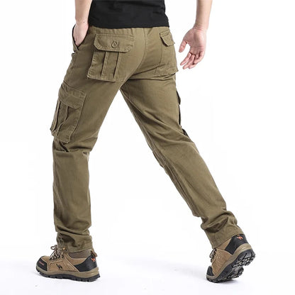 2025 100% Cotton Cargo Pants Men Solid Color Large Pocket Loose Overalls Elastic Waist Casual Trousers Military Tacticl Pants