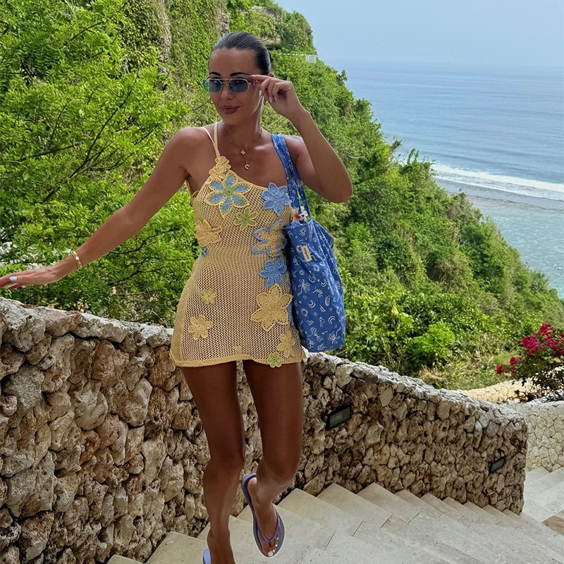 Robe courte sexy à bretelles en crochet pour femmes