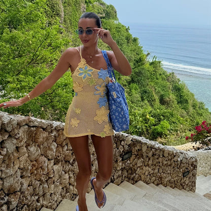 Robe courte sexy à bretelles en crochet pour femmes