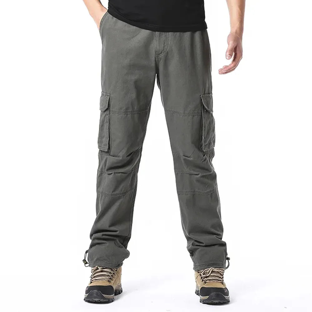 2025 100% Cotton Cargo Pants Men Solid Color Large Pocket Loose Overalls Elastic Waist Casual Trousers Military Tacticl Pants