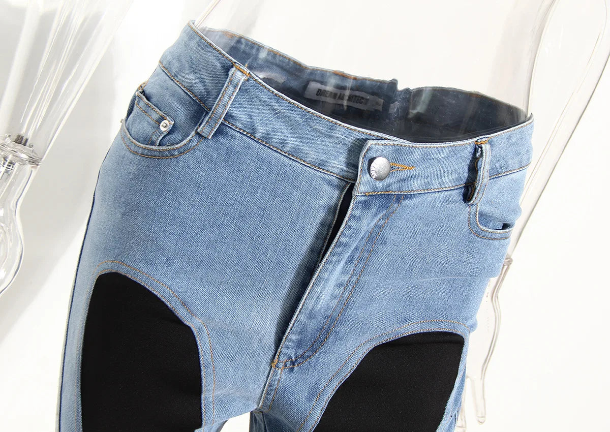 Fashion Designer Color Block Women's Jeans Slim Deconstruct Panelled Patchwork High Waist Split Blue Long Denim Pants Autumn