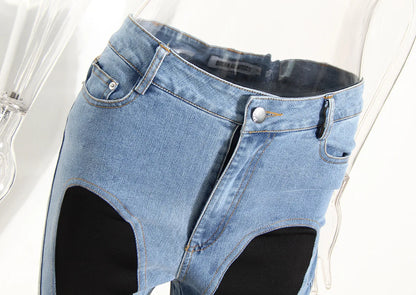 Fashion Designer Color Block Women's Jeans Slim Deconstruct Panelled Patchwork High Waist Split Blue Long Denim Pants Autumn