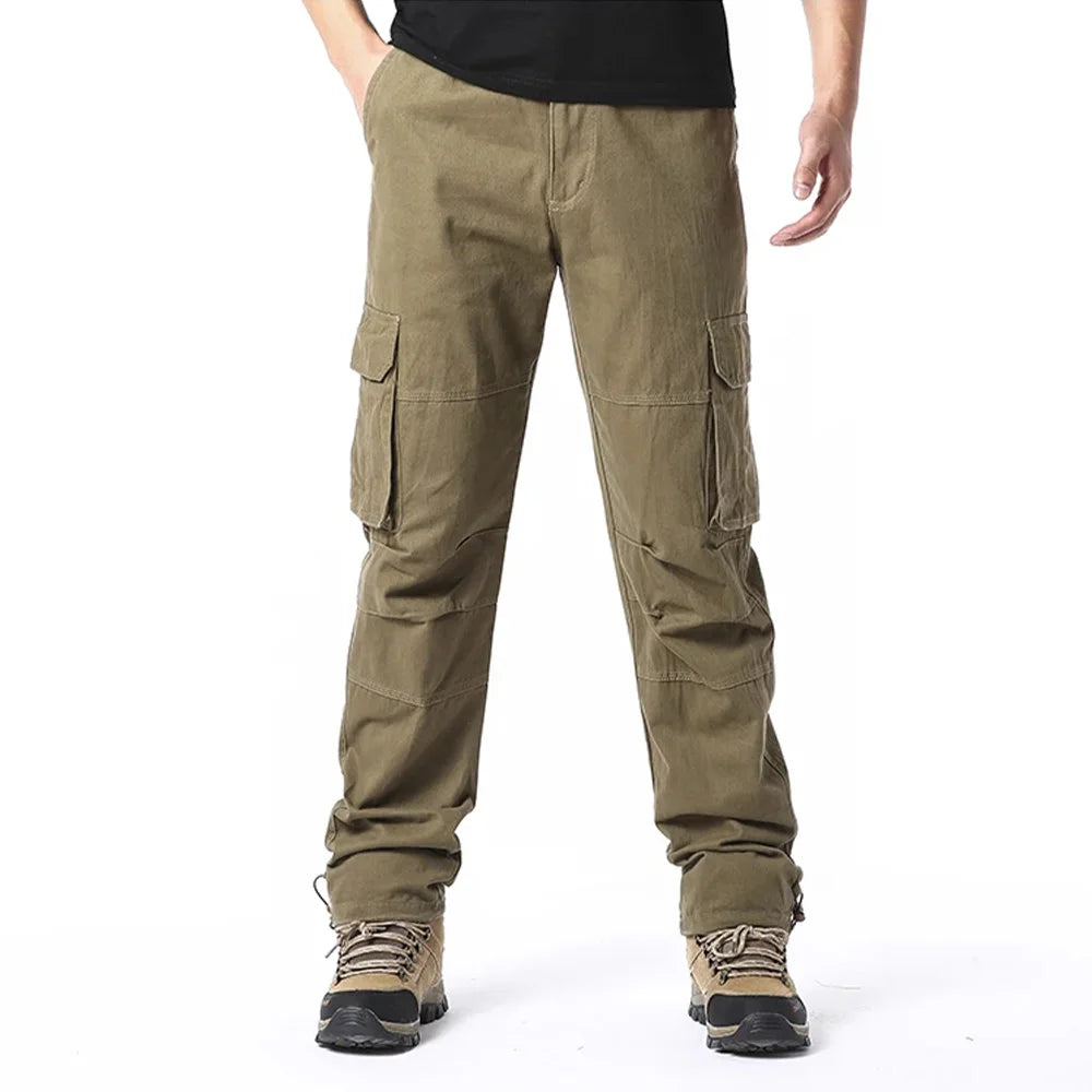 2025 100% Cotton Cargo Pants Men Solid Color Large Pocket Loose Overalls Elastic Waist Casual Trousers Military Tacticl Pants