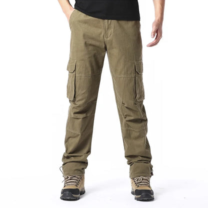 2025 100% Cotton Cargo Pants Men Solid Color Large Pocket Loose Overalls Elastic Waist Casual Trousers Military Tacticl Pants