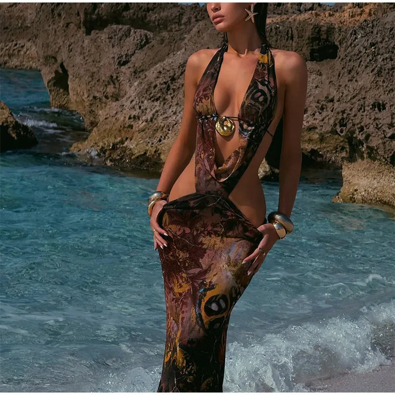 Robe longue ajourée à imprimé floral pour femme