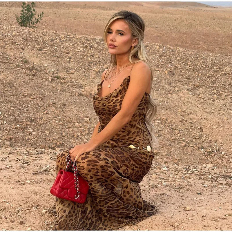 Robe sexy à imprimé léopard, sans manches, dos nu, coupe ajustée, style queue de poisson