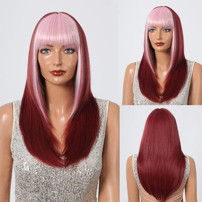 Perruques synthétiques longues et lisses noires et violettes ombrées pour femmes