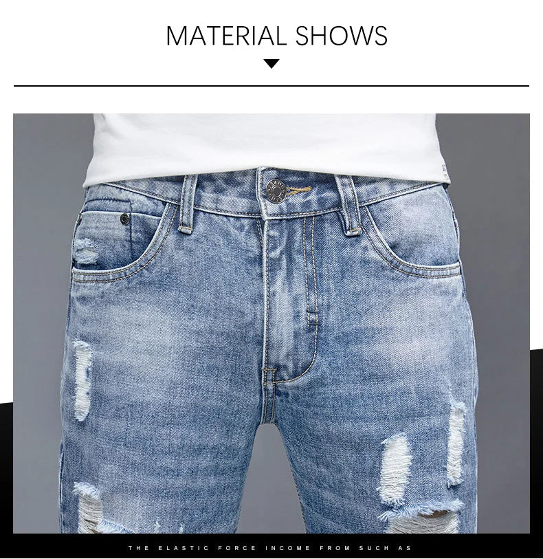 TFETTERS 2025 Spring Summer Men Ripped Jeans Cropped Mid Rise Stretch Hip Hop Punk Pencil Pants Streetwear Party Men Clothing