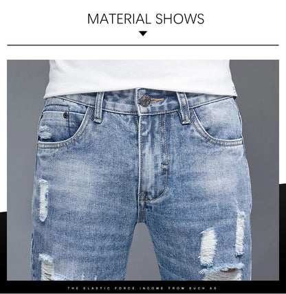 TFETTERS 2025 Spring Summer Men Ripped Jeans Cropped Mid Rise Stretch Hip Hop Punk Pencil Pants Streetwear Party Men Clothing