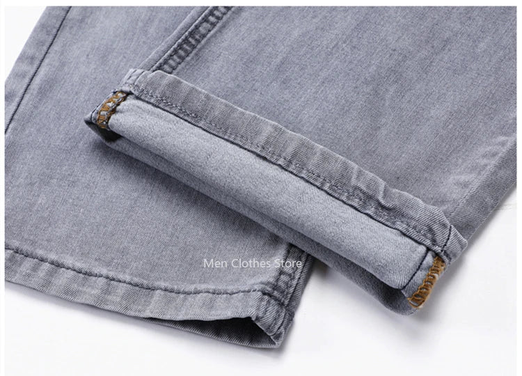 2024 Brand Thin or Thick Material Men's Elastic Cotton Jeans Fashion Gray Comfortable Denim Business Casual High Waist Pants