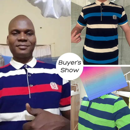 Polo d'été classique à rayures pour homme, en coton, à manches courtes, brodé, décontracté