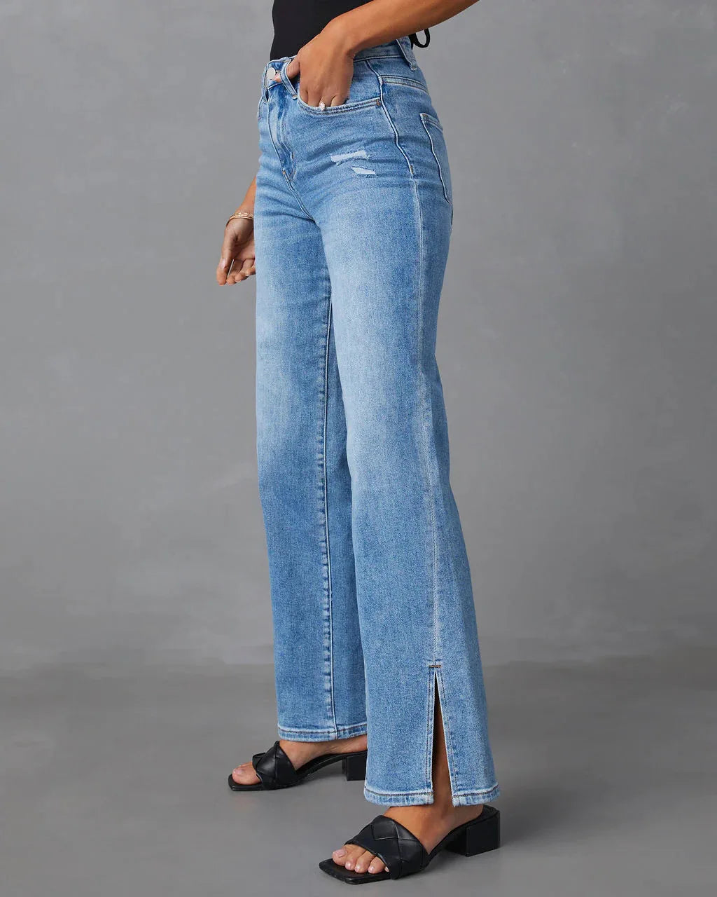 Pantalon en jean pour femme,  larges,  long et taille haute