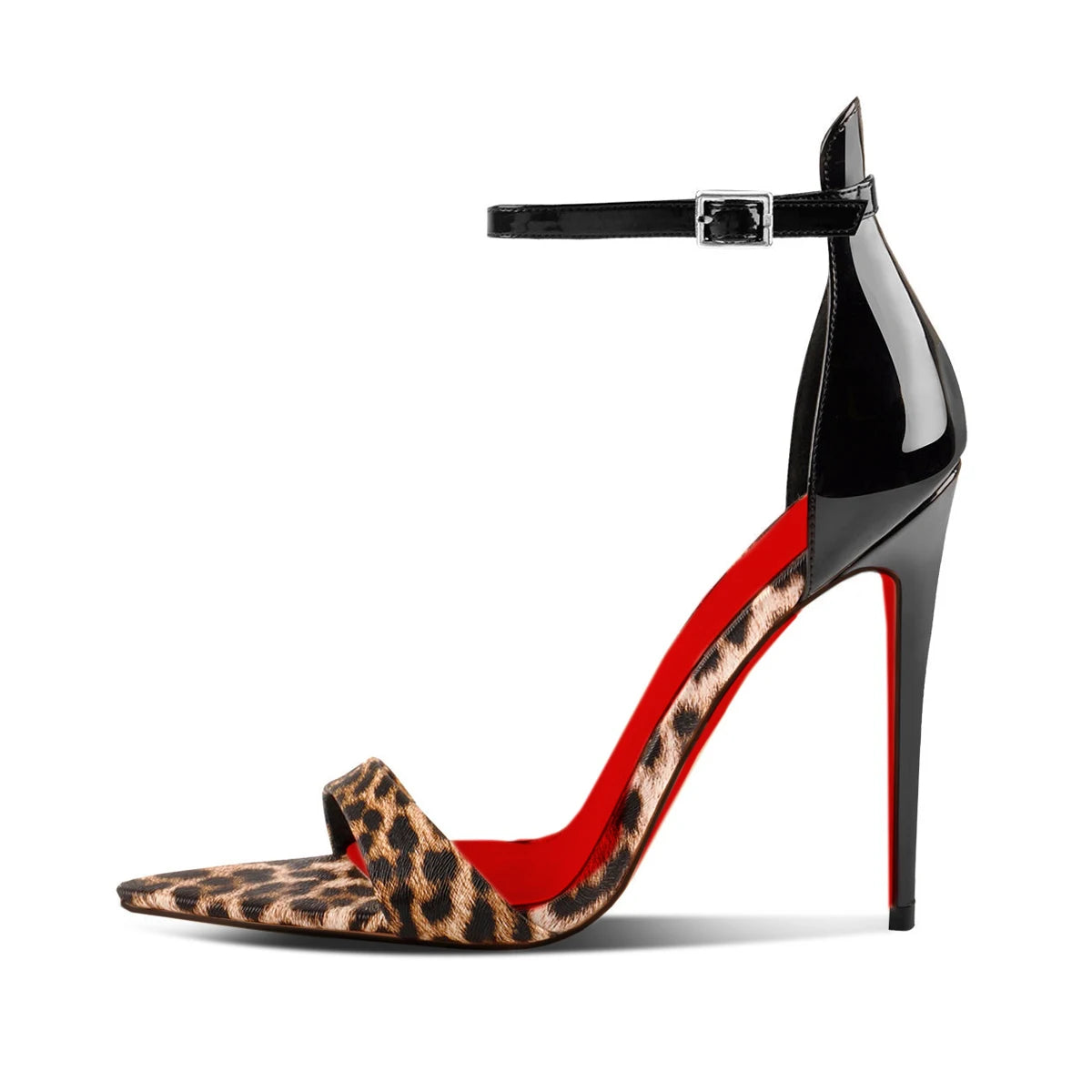 New leopard print pointed toe exposed toe straight strap thin heel sandals for women, sexy red soled fashion high heels