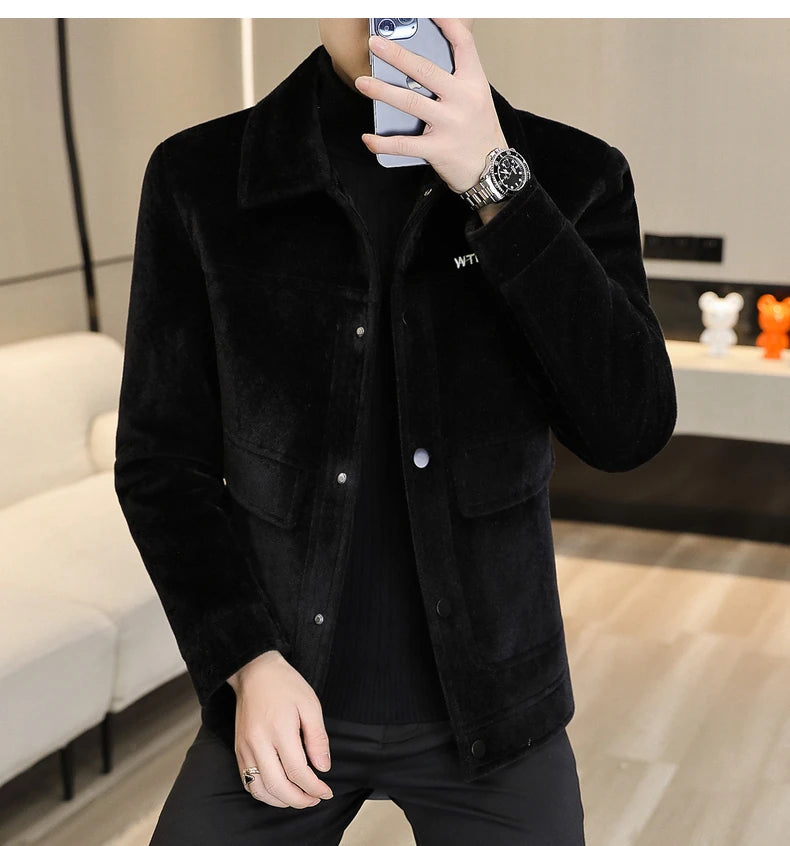 Veste d'hiver en mélange de laine, velours pelucheux et trench-coat court