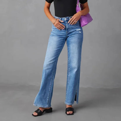 Pantalon en jean pour femme,  larges,  long et taille haute