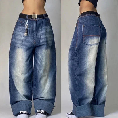 2000s Street Fashion Pants New Oversized Letter Embroidered Loose Jeans Men Harajuku Retro Goth High Waist Casual Wide Leg Pants