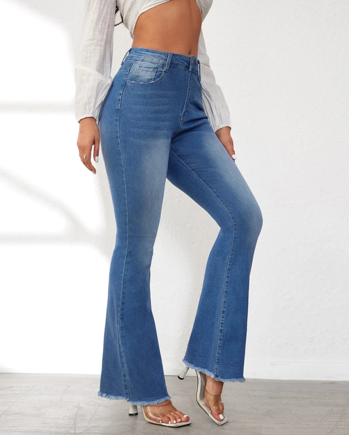 Women Flare Jeans Denim Pants Ankle Length Pockets Y2k Streetwear Mom Jeans High Waist Washed Bleached Vintage Streetwear Skinny