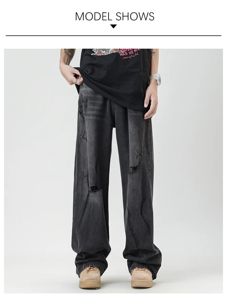 TFETTERS 2025 Summer New Ripped Jeans Men Vintage Mid Rise Straight Leg Designer Jeans Fashion Hip Hop Streetwear Men Clothing