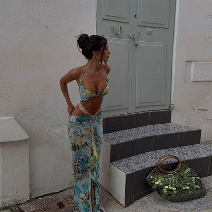 Robe longue ajourée à imprimé floral pour femme