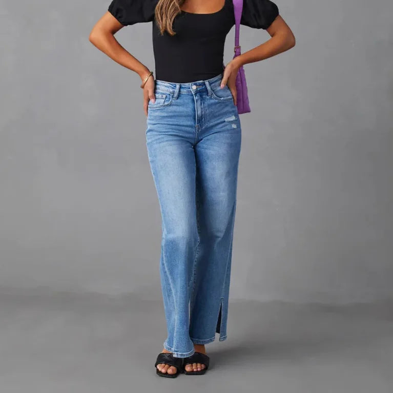 Pantalon en jean pour femme,  larges,  long et taille haute