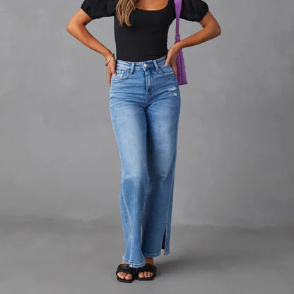 Pantalon en jean pour femme,  larges,  long et taille haute