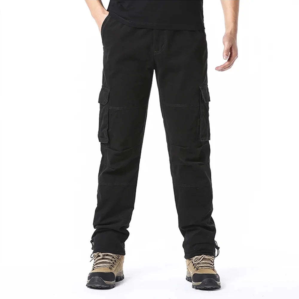 2025 100% Cotton Cargo Pants Men Solid Color Large Pocket Loose Overalls Elastic Waist Casual Trousers Military Tacticl Pants