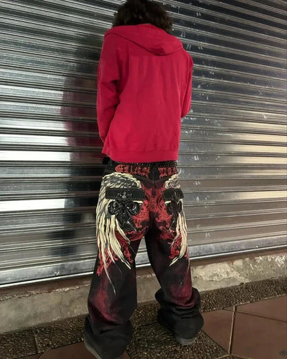 2000s Street Fashion Pants New Oversized Letter Embroidered Loose Jeans Men Harajuku Retro Goth High Waist Casual Wide Leg Pants