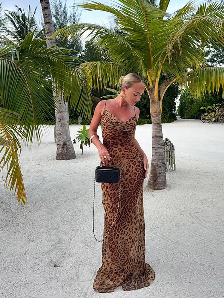 Robe sexy à imprimé léopard, sans manches, dos nu, coupe ajustée, style queue de poisson