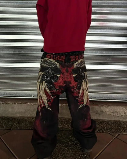 2000s Street Fashion Pants New Oversized Letter Embroidered Loose Jeans Men Harajuku Retro Goth High Waist Casual Wide Leg Pants