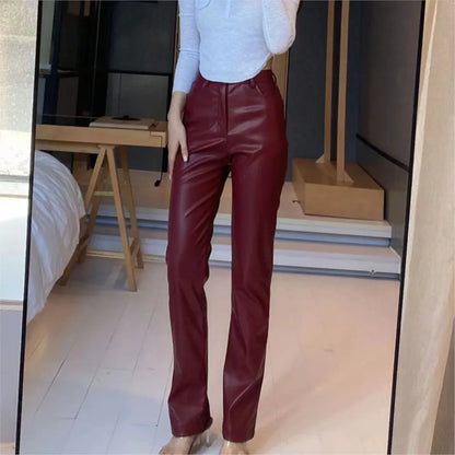 Pantalon en cuir PU taille haute, élégant et uni, style urbain