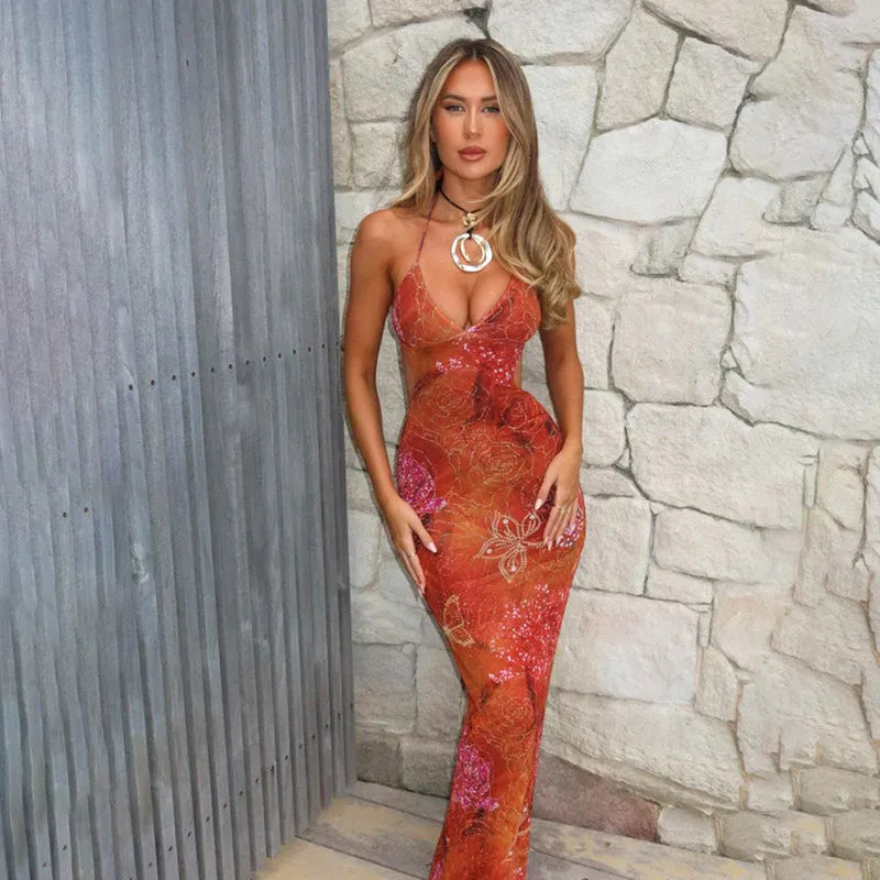 Robe longue ajourée à imprimé floral pour femme