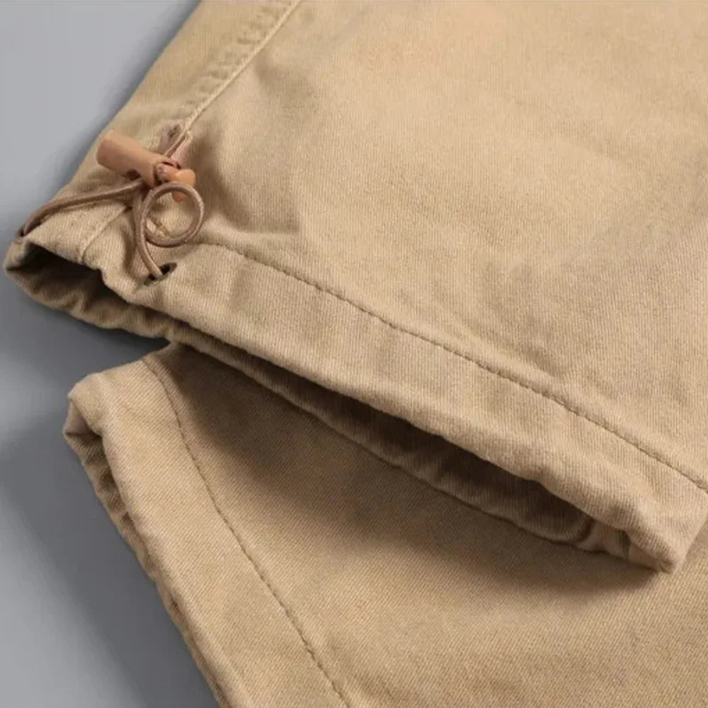 2025 100% Cotton Cargo Pants Men Solid Color Large Pocket Loose Overalls Elastic Waist Casual Trousers Military Tacticl Pants