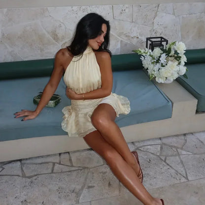 Robe courte sexy dos nu pour femme, couleur unie, sans manches, plissée, en mousseline de soie