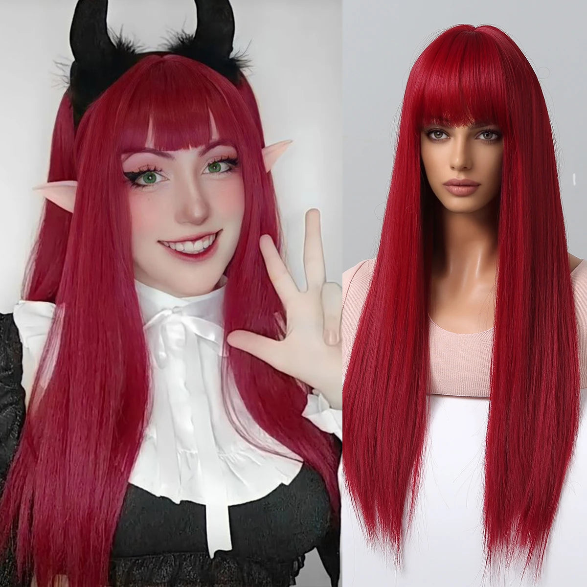 Perruques synthétiques longues et lisses noires et violettes ombrées pour femmes