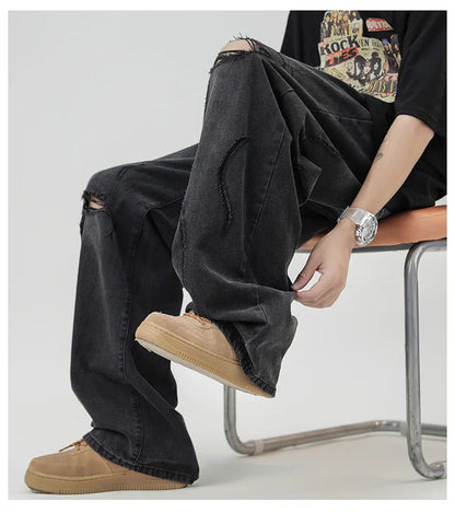 TFETTERS 2025 Summer New Ripped Jeans Men Vintage Mid Rise Straight Leg Designer Jeans Fashion Hip Hop Streetwear Men Clothing
