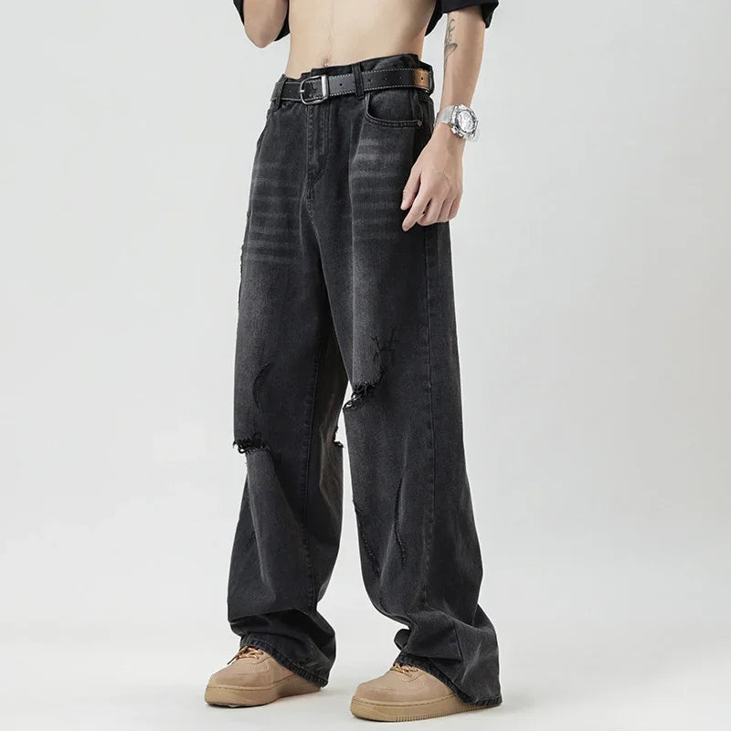 TFETTERS 2025 Summer New Ripped Jeans Men Vintage Mid Rise Straight Leg Designer Jeans Fashion Hip Hop Streetwear Men Clothing